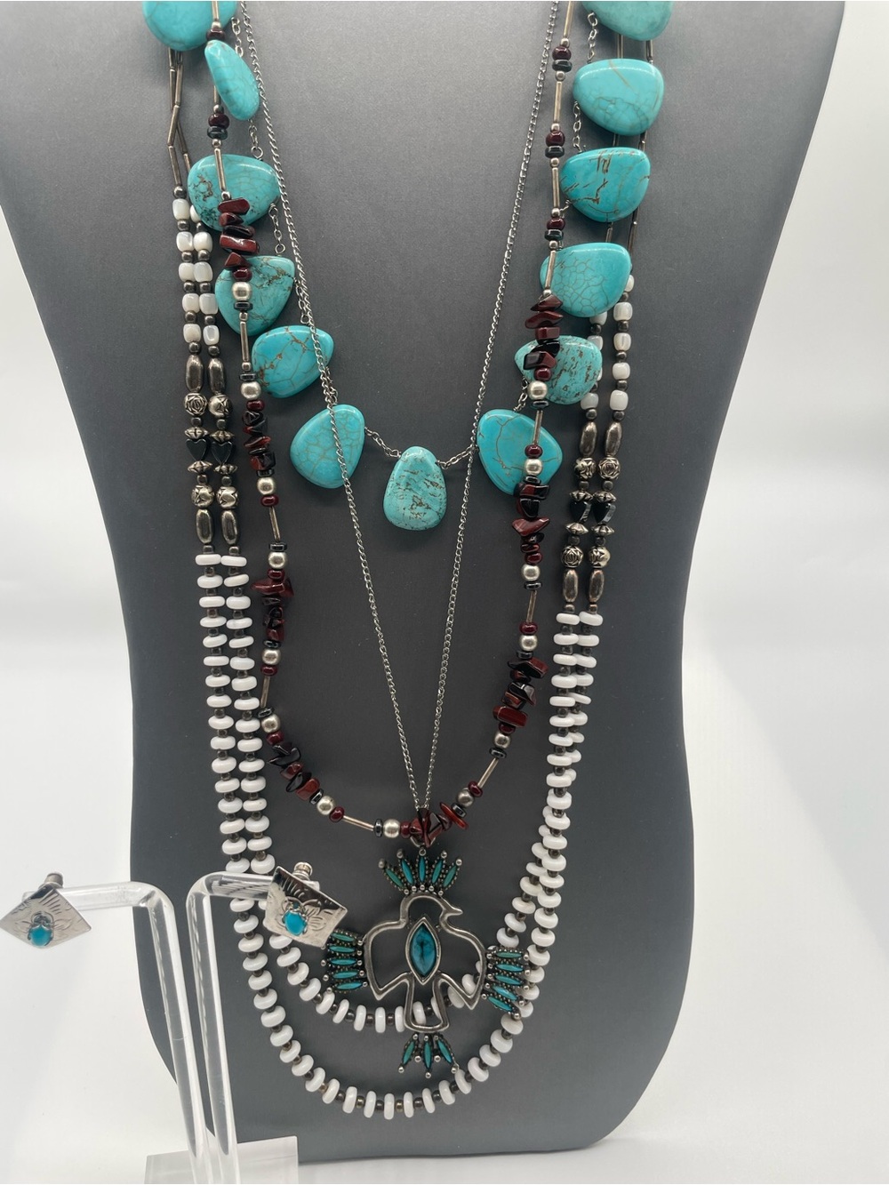 Southwest Inspired Necklace Lot-FauxTurquoise, White Bead Multi-Strand, Red Bead